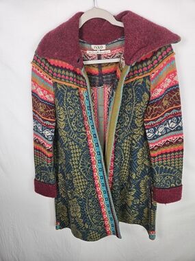 IVKO Multicolor Patterned Knit Sweater Coat 100% Wool